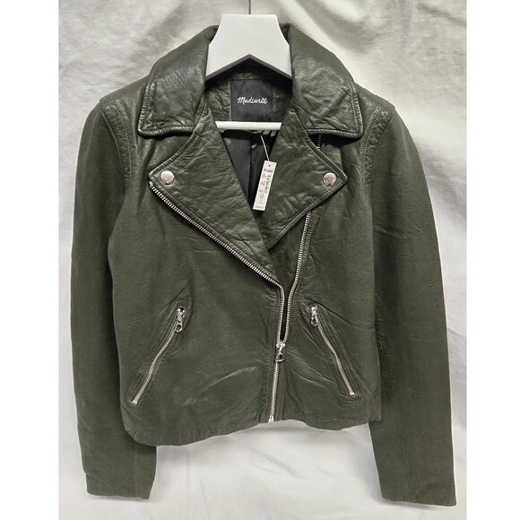 NWT Size M Madewell Forest Green Washed Leather Moto Jacket - Picture 1 of 16